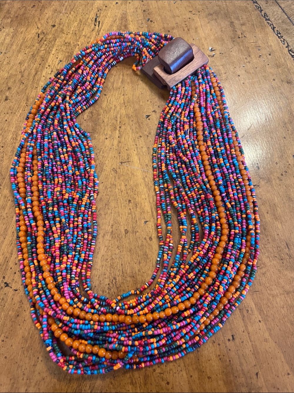 VTG 'MONIES' Red, blue and orange Bead Necklace multi strand